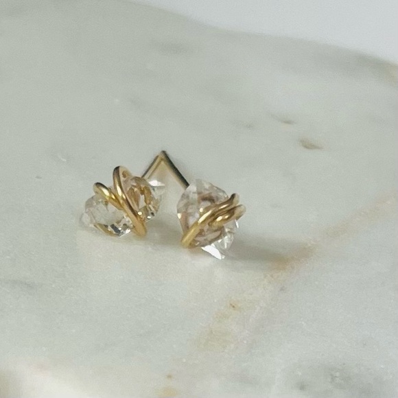 Herkimer Diamond studs 14k Gold filled, Raw diamond earrings Herkimer New York - Picture 2 of 2